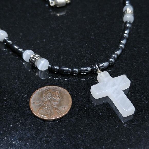 Cross Beaded Necklace, Gemstone Beads Cross, 19 Inches, Magnetic Clasp - Picture 7 of 8